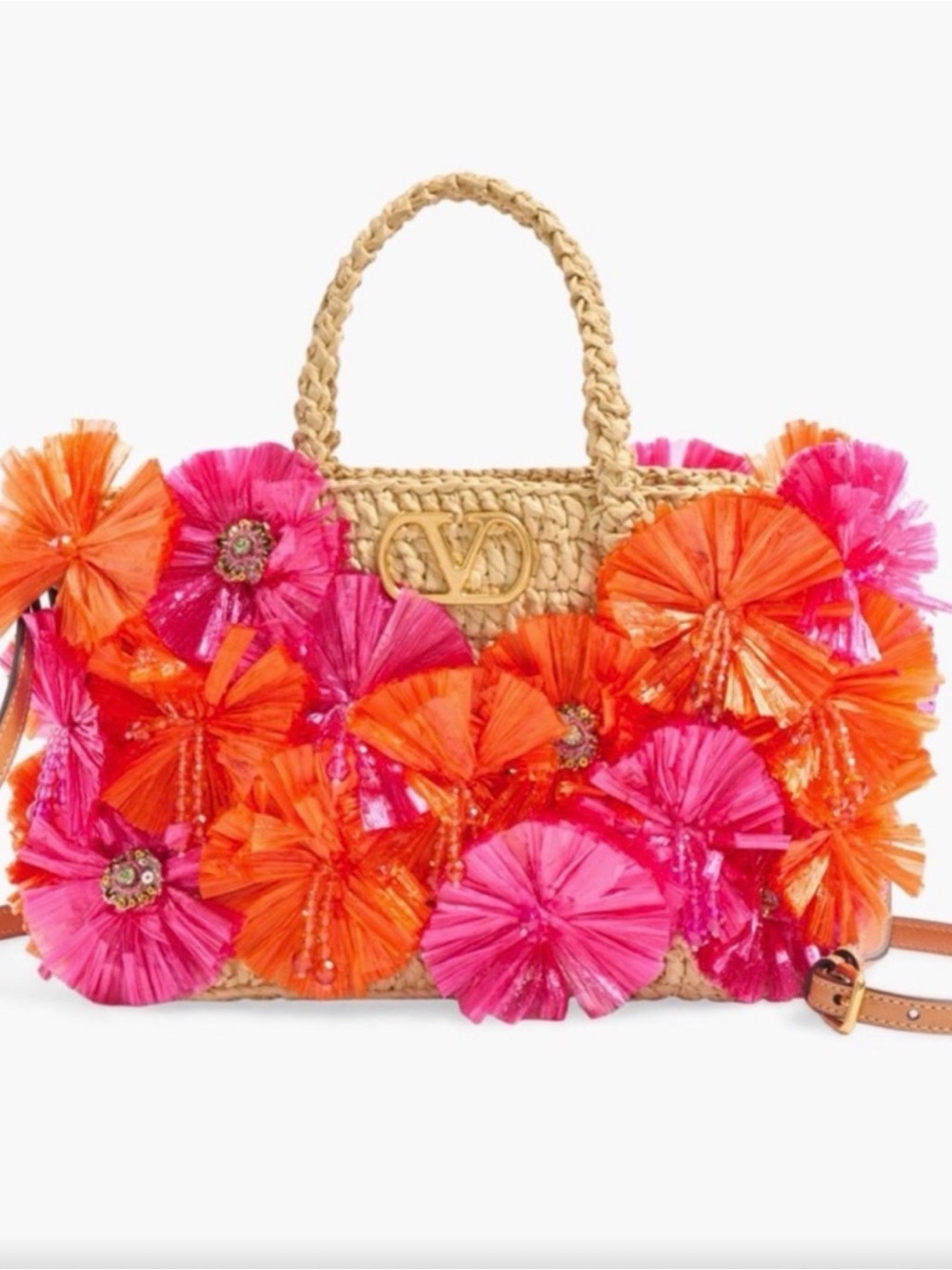 🆕 Valentino Garavani Raffia small shopping tote bag with Pink and Orange Flora
